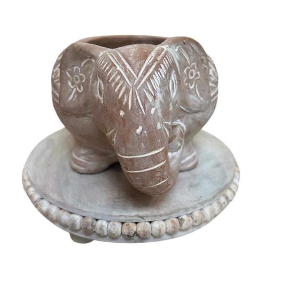 Terracotta Elephant Planter Rustic White Washed Clay Succulent Pot with Drainage